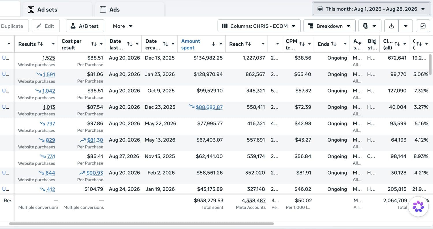 Meta Ads Manager result — high-spend ecommerce account 4