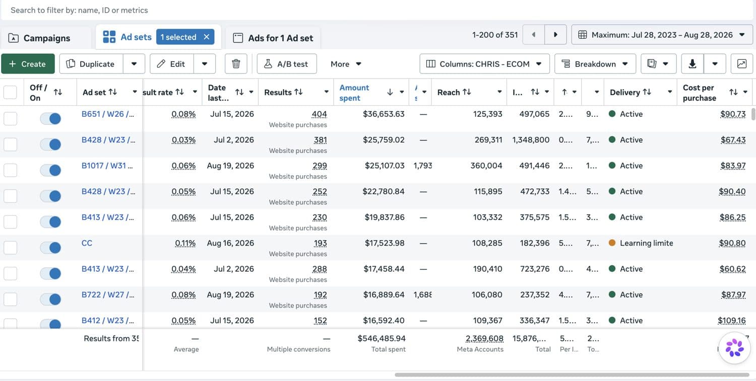 Meta Ads Manager result — high-spend ecommerce account 7
