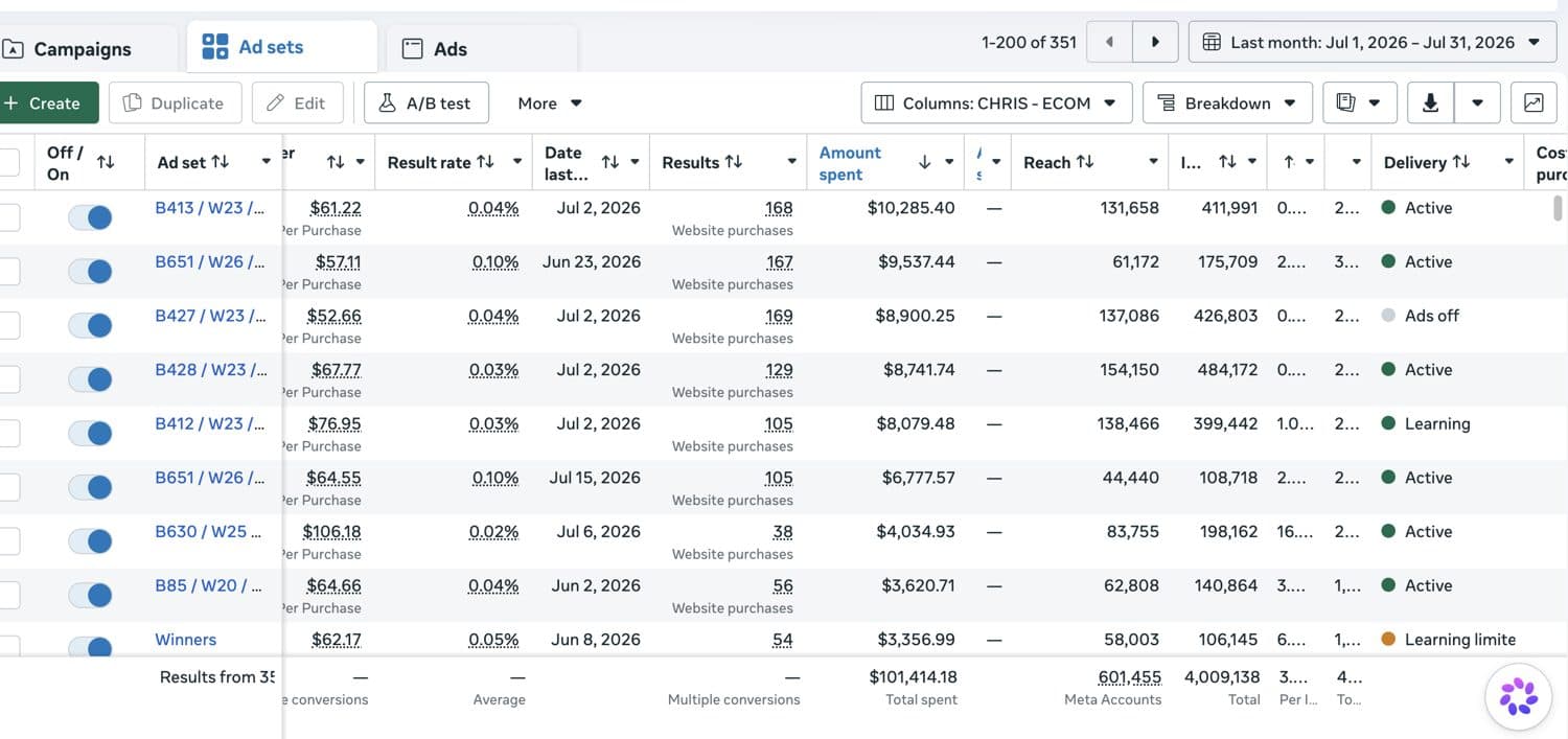Meta Ads Manager result — high-spend ecommerce account 8